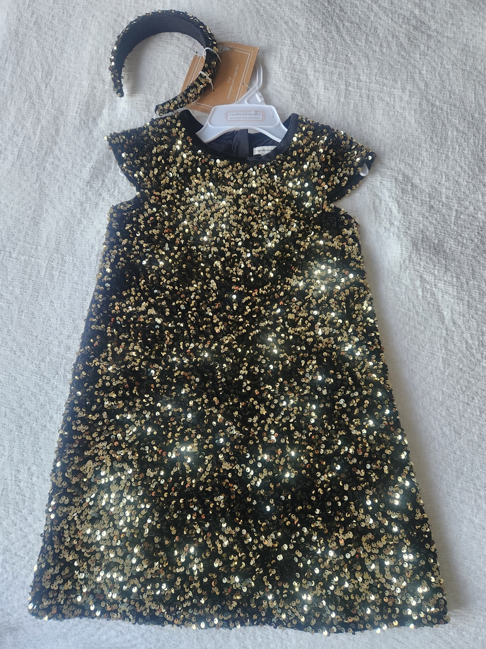 cupcakes & cashmere Black and Gold Sequin A-Line Dress with Headband